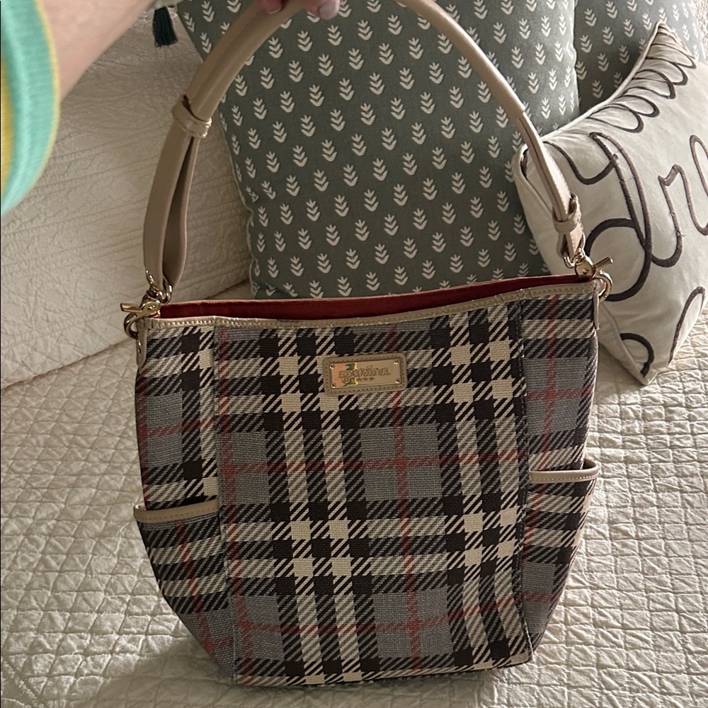Spartina 449 Gray Plaid Shoulder Bag with Beige Trim and Red Accents